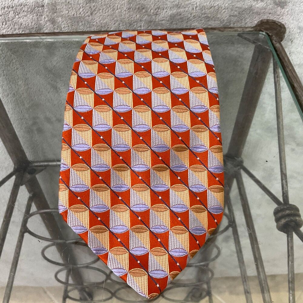 Ike Behar Men's Long textured silk Foulard Tie Geometric, 3.75" X 60.5” orange +